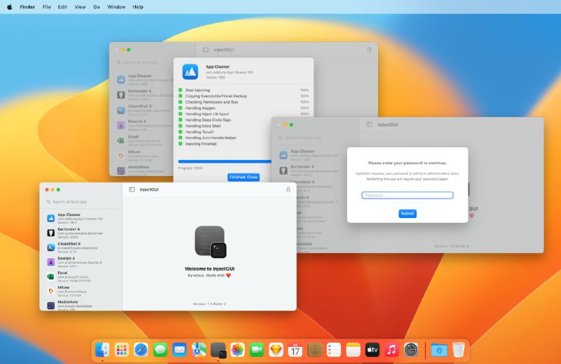 #软件 #工具 #开源💻 InjectGUI - macOS 集成注入框架 GUI 版▎软件功能：应用注入管理▎软件平台：#macOS▎软件介绍：一款 macOS 集成注入框架 GUI 版本，功能包括备份可执行文件、检查权限和终止进程、处理 Keygen、深度代码签名、Tccutil 以及额外的 Shell
