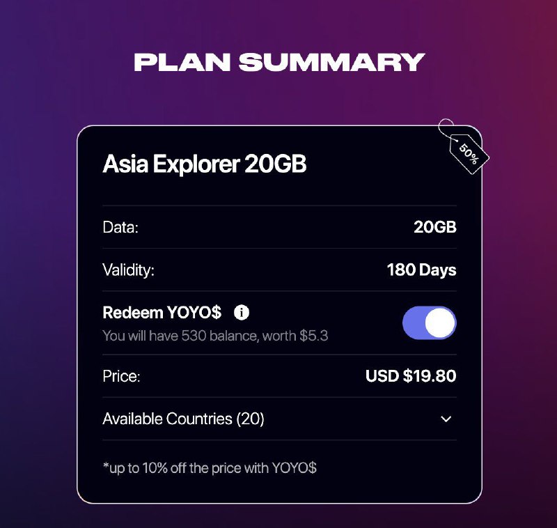 找到一个出国旅游最强eSIM流量套餐，19.8刀20G，有效期180天，重点！支持20个国家地区，其中包括（国内，澳大利亚、新西兰、英国）和绝大多数亚洲国家，具体支持国家看图2，这个简直太香了，对于经常出国旅游的人，可以说一张卡走遍天下了，如果没有eSIM手机的小伙伴，可以购买一张之前推荐的5ber SIM卡，把这个eSIM添加到5ber SIM卡里面使用eSIM购买：