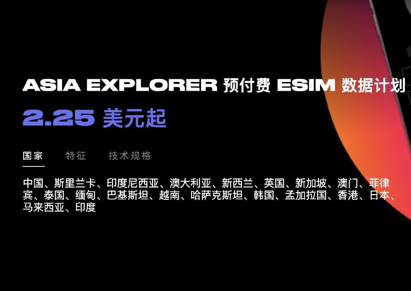 找到一个出国旅游最强eSIM流量套餐，19.8刀20G，有效期180天，重点！支持20个国家地区，其中包括（国内，澳大利亚、新西兰、英国）和绝大多数亚洲国家，具体支持国家看图2，这个简直太香了，对于经常出国旅游的人，可以说一张卡走遍天下了，如果没有eSIM手机的小伙伴，可以购买一张之前推荐的5ber SIM卡，把这个eSIM添加到5ber SIM卡里面使用eSIM购买：
